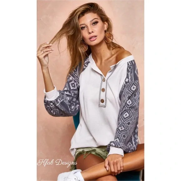 LAST 1! French Terry Super Soft Aztec Sleeve Henley! - Picture 4 of 10